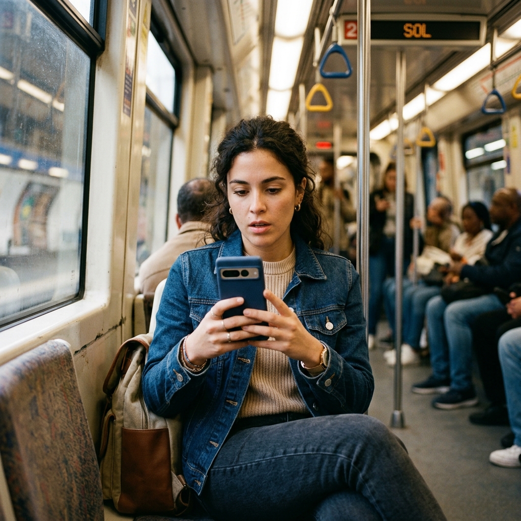 Joven revisando su app bancaria en el metro